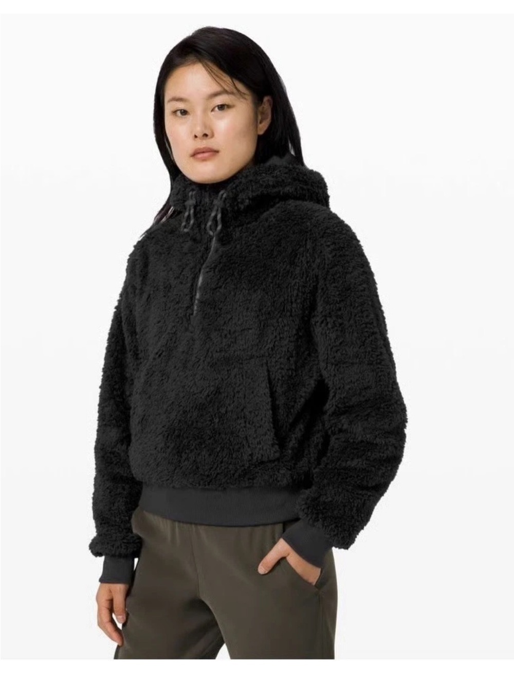 Lululemon Oh So Sherpa Half Zip Hoodie Size 8 Black Fleece Pullover Sweatshirt